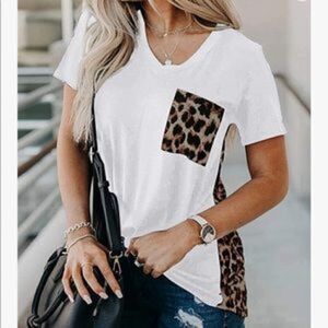 NEW White Leopard  Patch Crewneck Short Sleeve Graphic Tee Shirt